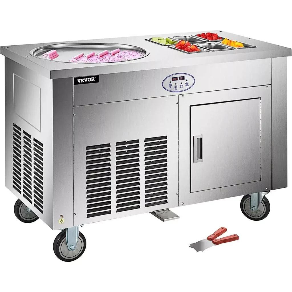 1800W Commercial Double Pan Fried Ice Cream Machine in a modern kitchen setting, showing a chef preparing crispy fried ice cream.