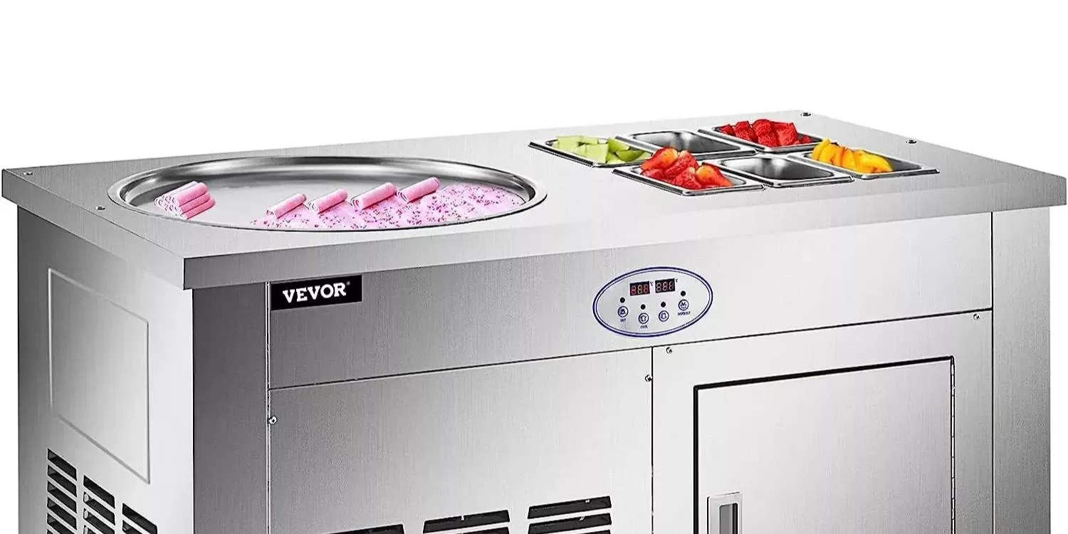 1800W Commercial Double Pan Fried Ice Cream Machine in a modern kitchen setting, showing a chef preparing crispy fried ice cream.