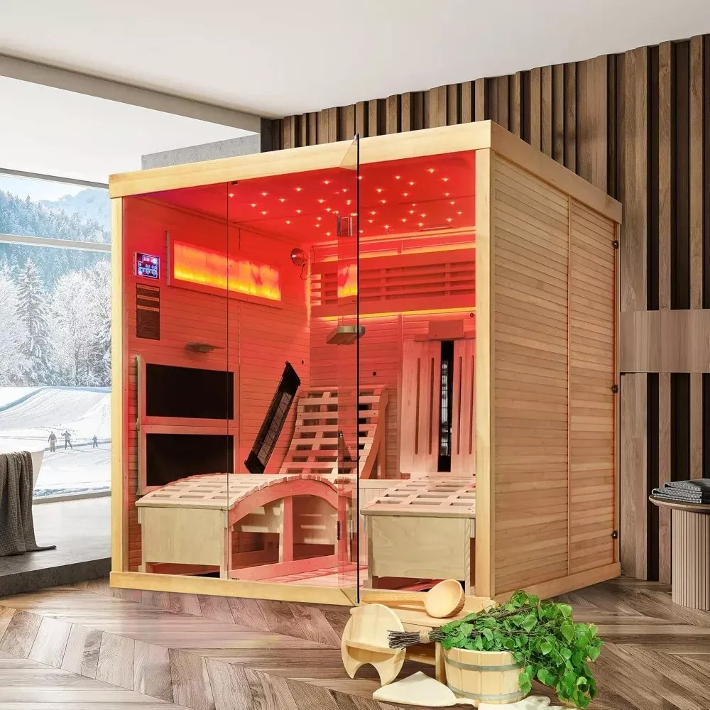 Luxurious two‑person infrared sauna glowing under a starry LED ceiling