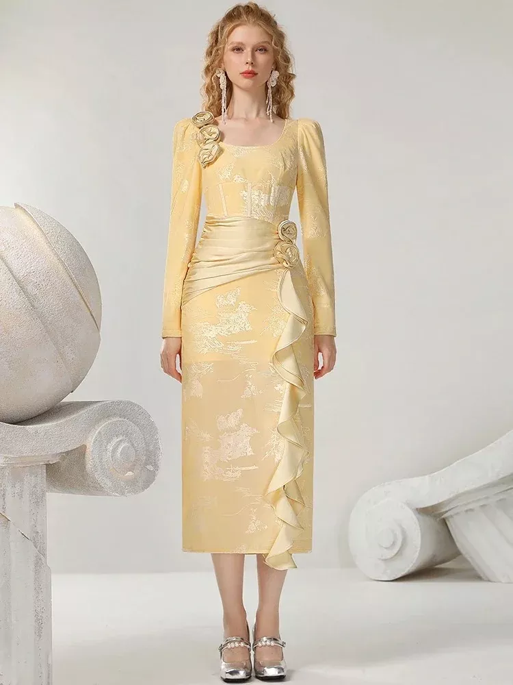 Close-up of the Elegant Retro Floral A-Line Dress highlighting delicate embroidered floral details and high-quality fabric texture, capturing the essence of retro sophistication.