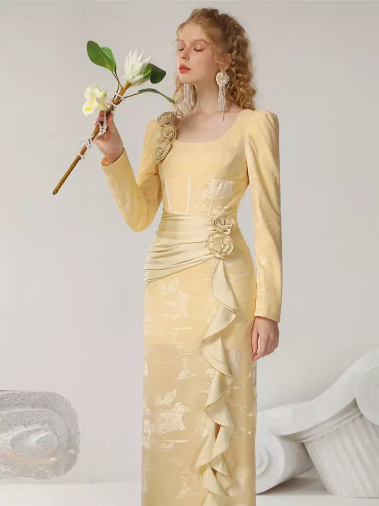 Elegant Retro Floral A-Line Dress showcased in a full-length display, featuring intricate vintage floral patterns and a flowing silhouette that exudes timeless, romantic charm.